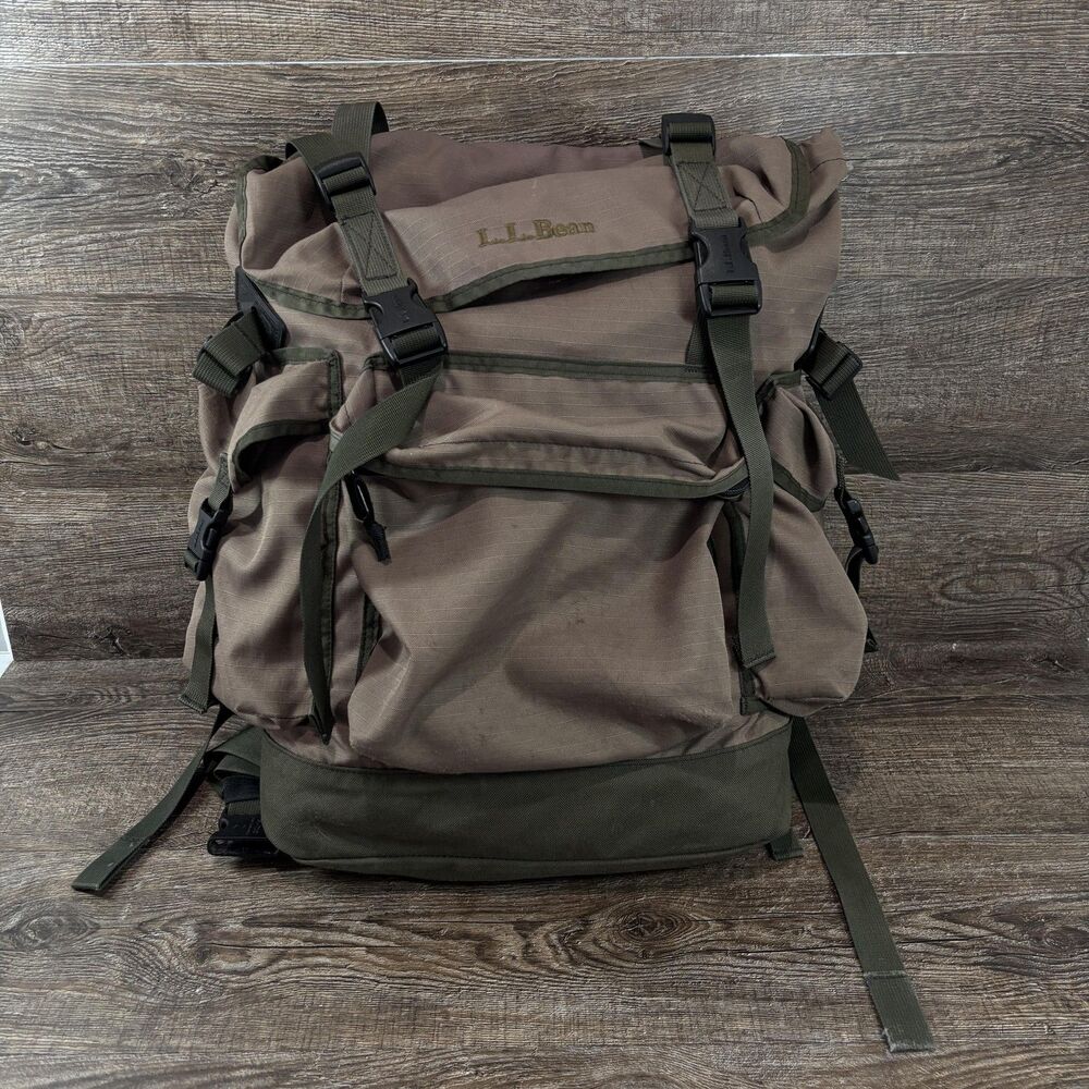 Vintage LL Bean Continentall Rucksack Brown Nylon Hiking Backpack Waist Belt 90s